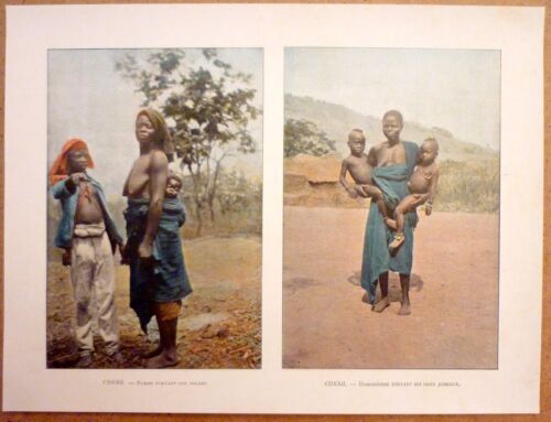DAHOMEY - FEMMES PORTANT LEURS ENFANTS Bénin Afrique  Gravure 19ème photochromie - Afbeelding 1 van 1
