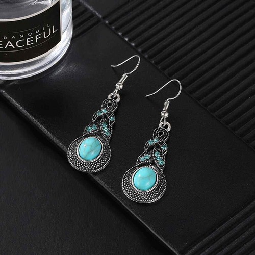 Bohemian Blue Stone Tibetan Silver Inlaid Turquoise Crystal Dangle Drop Earrings - Picture 5 of 11