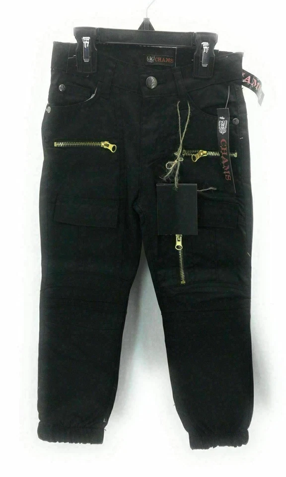 Chams Boys Black Jogger Pants Elastic Waist Casual Zipper Fly 4 Zippers Button - Image 4 of 4