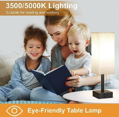 Bedside Table Lamp Nightstand with 3 Level Brightness Pull Chain & USB C+A Port - Picture 3 of 7