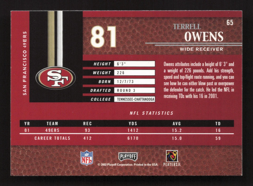 2002 Playoff Piece of the Game #65 Terrell Owens San Francisco 49ers - Image 2 of 2