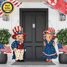 2 Pcs 4th of July Hanging Sign Wooden Patriotic Front Door Decorations Memorial.