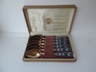 Vintage Russian Soviet 875 Silver Gilt Blue Enamel Demitasse 6 Spoons Set W BOX