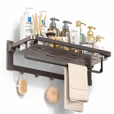 Rust-Proof Floating Shelves Organizer With Foldable Towel Bar 5 Towel Hooks W...
