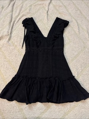 Mi Ami Black Lace Trim Ruffle Mini Dress Size Medium Open Back Boho