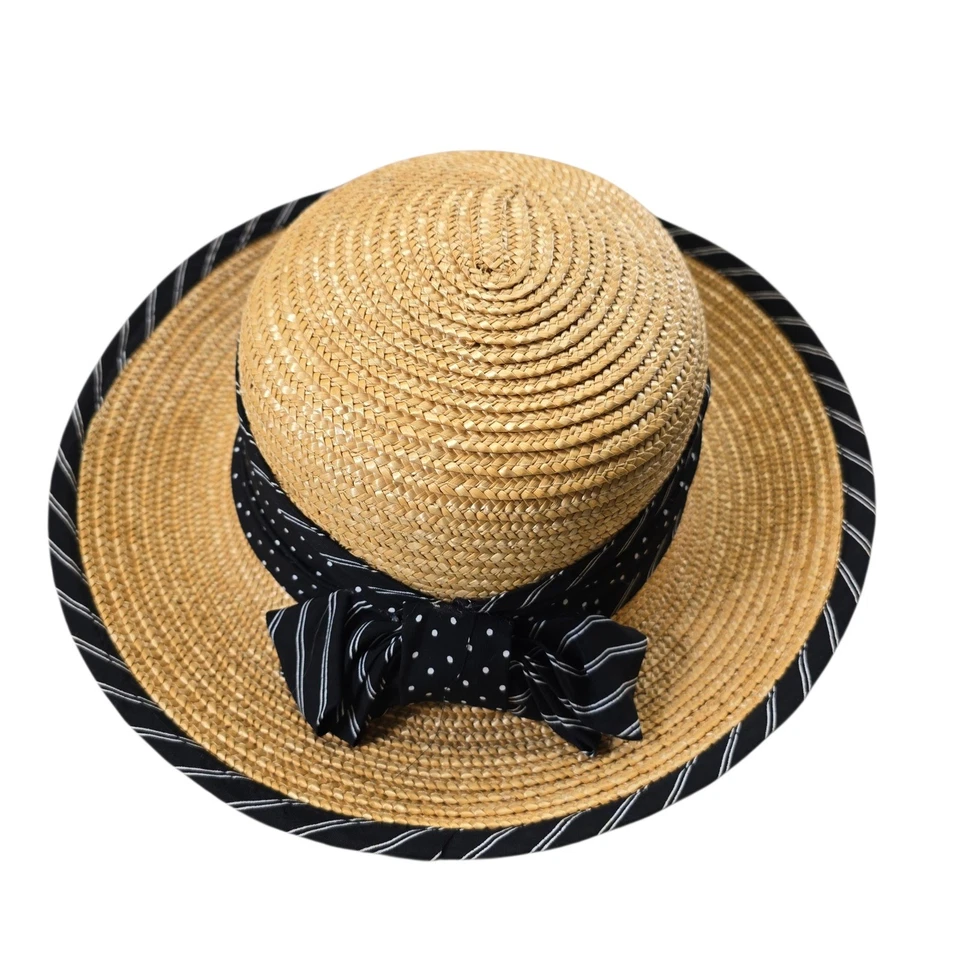 Ginger Propper for Two Blondes Straw Sun Hat 黑色圆点条纹表带 — 第 3/4 张图片