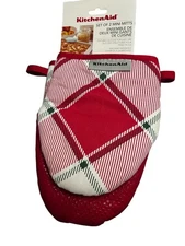 KitchenAid Set 2 Mini Oven Mitts Christmas Kitchen Red White Plaid Potholders