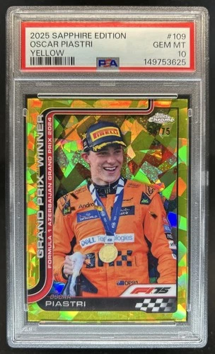 2025 Topps Chrome Sapphire F1 Oscar Piastri Yellow Winners #/75 PSA 10 GEM MINT