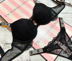 Victoria's Secret VS Shine Strap Push-Up Bra Thong Set Black Lace