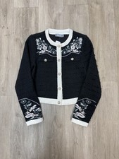 Black Floral Textured Knit Cropped Jacket Sz S