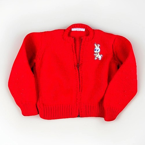 Vintage Hand Knit Sweater Cowichan Cardigan Toddler Bunny Rabbit 12x13 Red