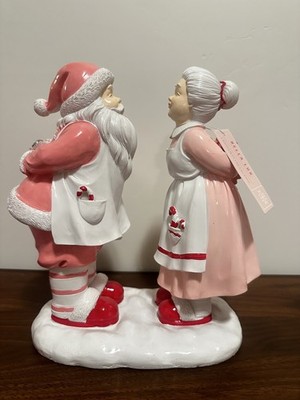 Pink Santa & Mrs Claus Kissing Figurine Candy Cane Aprons Resin Christmas Decor