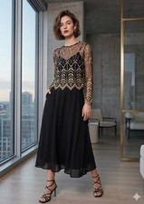 Vintage Cachet Petite by Bari Protas Black Gold Long Sleeve Dress 4P