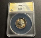 1964-D Washington Silver Quarter — ANACS MS64 Toned 🌈