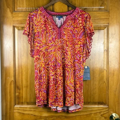 Democracy Womens 2X Red Orange Tropical Floral Crochet Flutter Sleeve Top Boho - Image 1 of 4