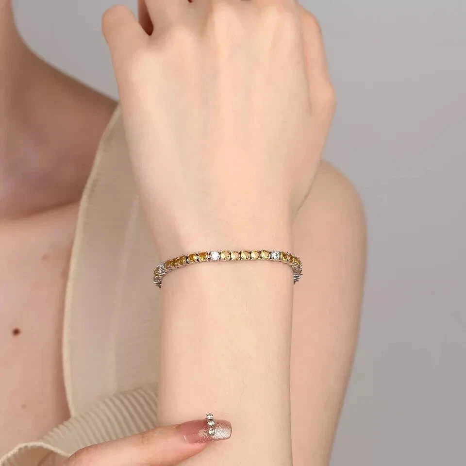 8 克拉圆形切割实验室黄色蓝宝石网球手链 14K 镀白金 — 第 2/4 张图片