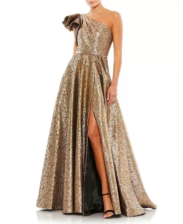 open lace back dress ASHLEYlauren 11896 One-Shoulder Metallic Jersey Gown main image 0