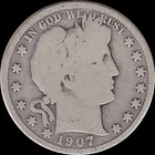 1907-S Barber Half Dollar in Good, 90% Silver