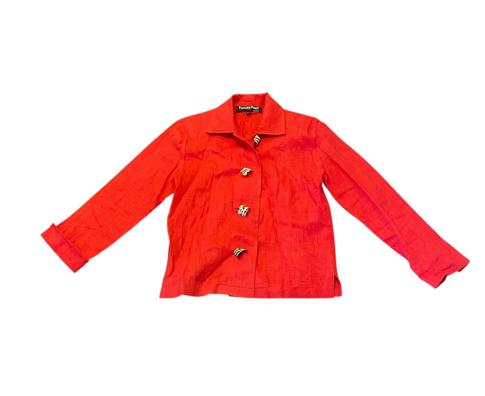 Blazer pony vintage dipinto giacca corta donna XS lino rosso zebrato bottone legno USA