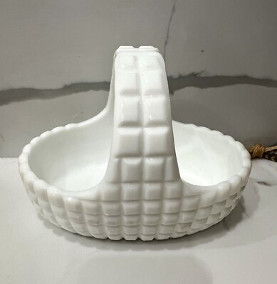 Duncan & Miller 1950s milk glass Basket Quilted Blocks Pattern Vintage Rare Find