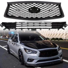 Front Bumper Upper ＆ Lower Black Grille Grill For 18-22 Infiniti Q50 Luxe Sedan