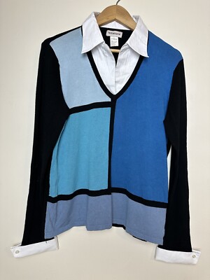 Notations Womens Blue Black Color Block White Color Pullover Shirt Size L
