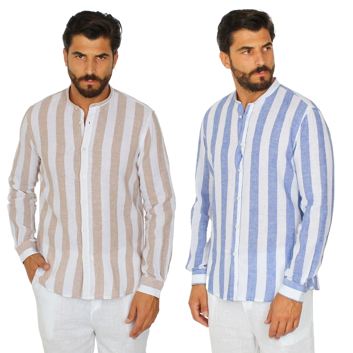 Camicia a righe larghe blu e bianca collo francese slim fit