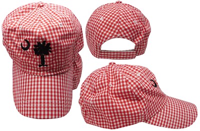 SC South Carolina Red Gingham Navy Blue Palmetto Adjustable Embroidered Cap Hat