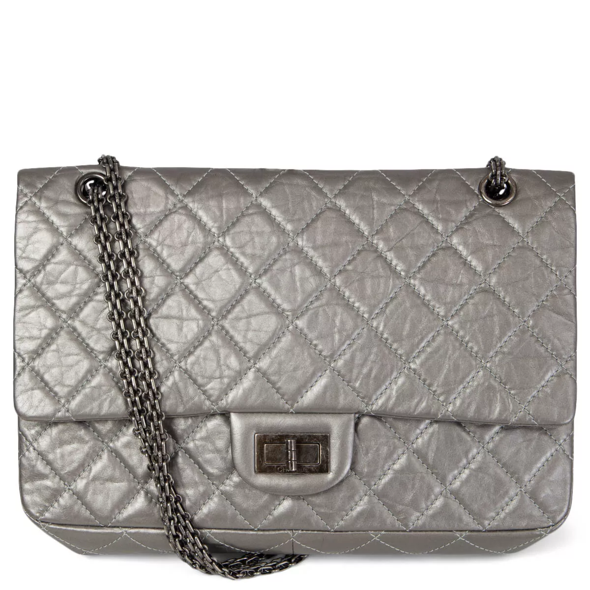 65956 auth CHANEL dark silver aged calfskin 2.55 REISSUE 227 MAXI Shoulder  Bag