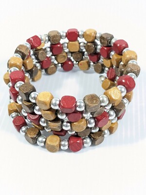 Silver Tone Brown Red Square Wood Bead Memory Wire Wrap Bracelet Tribal Style