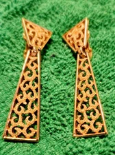 TRIFARI Earrings Vintage Crown Mark Dangle Clip On Gold Texture Filigree 2"
