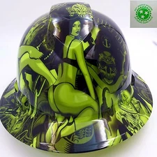 Hard Hat FULL BRIM custom hydro dipped , OSHA approved LIME BIKER BABES 