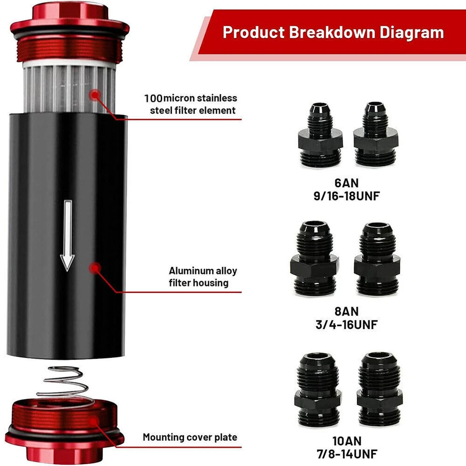 High Flow Inline Fuel Filter 100 Micron Cleanable 6AN 8AN 10AN Adapter Universal - Image 4 of 4