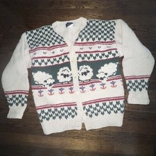 Vtg Woolrich woman Cardigan Sweater fair isle L 100 Wool Sheep Nordic Pattern