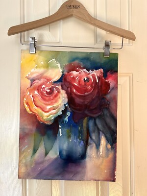 Orig Watercolor Painting 12x16 Abstract Roses Reds Yellows Still-life Unframed