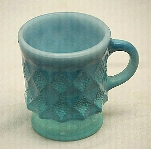 Anchor Hocking Kimberly Blue Cup Mug Milk Glass Diamond Designs Vintage MCM