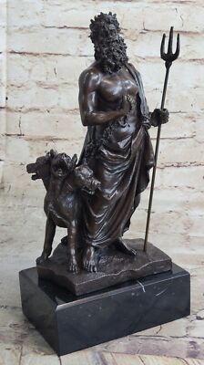 Signed Phidias Pluto Zeus  Poseidon Brother Holding Dog Bronze Sculpture Gift