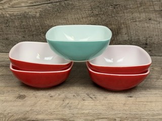 VIntage Pyrex Small Square Red & Blue Bowls 410 12 oz Lot Of 5