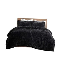 Shaggy Fur Duvet Cover Set with Quilted Box Design, Long Faux Full/Queen Black