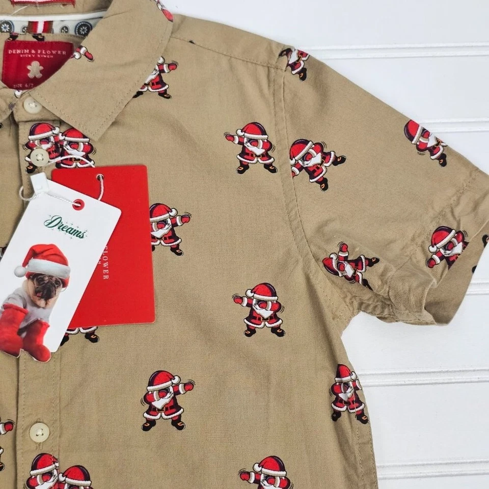 Denim & Flower Santa Dabbing Brown Short Sleeve Button Down Boys Size 6/7 NWT - Image 4 of 4