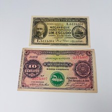 WWI WWII Mozambique Portuguese Colonial Bank Note 10 Centavos 1914 1 Escudo 1944