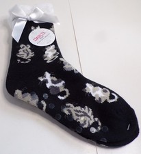 Womans Davco Double Layer Cat Print Cabin Slipper Socks Sz 9-11 Cozy Fuzzy Cuff