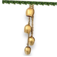 Christmas Gold Metal Bells with Jute Hanging Rope Set of 4 Vintage Decorative