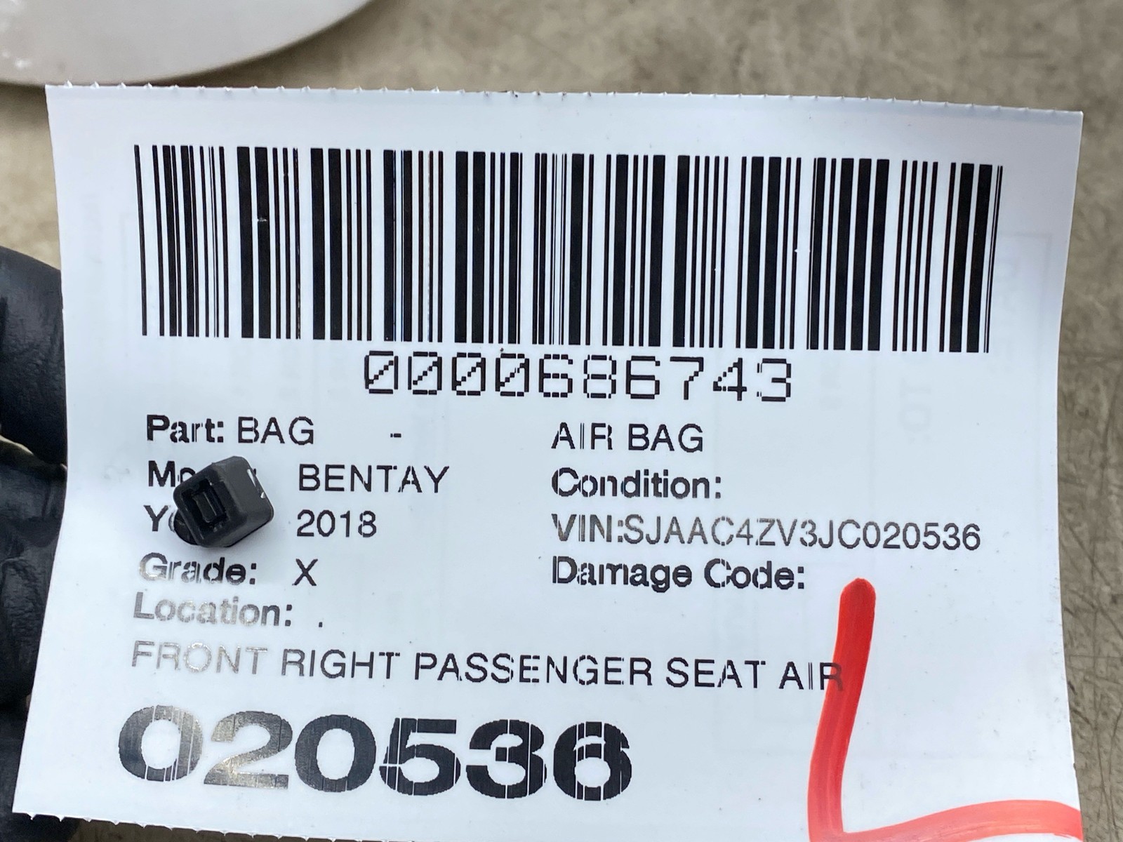 2016-2020 BENTLEY BENTAYGA FRONT RIGHT PASSENGER SEAT AIR BAG 4M0880242J