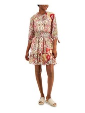 TOMMY HILFIGER Womens Beige Mock Neck Short Party Fit + Flare Dress M