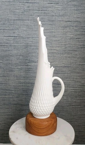 VINTAGE MCM FENTON GLASS HOBNAIL MILK GLASS SWUNG PITCHER VASE 18"