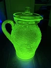 Vintage Large Textured Green Uranium Depression Glass Pitcher W Lid 10.75”