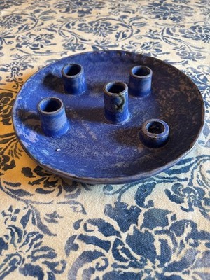 Vintage McCarty Pottery 5-Pipe Candle Plate in Cobalt Blue, Signed