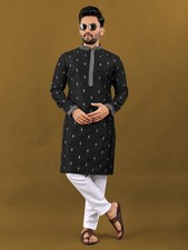 Men's Thai Silk Kurta Pajama Set With Lucknowi Work Indian Wedding Party Wear