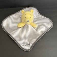 Disney Winnie the Pooh Bear Plush Lovey Security Blanket Loved Gray Stipe Satin